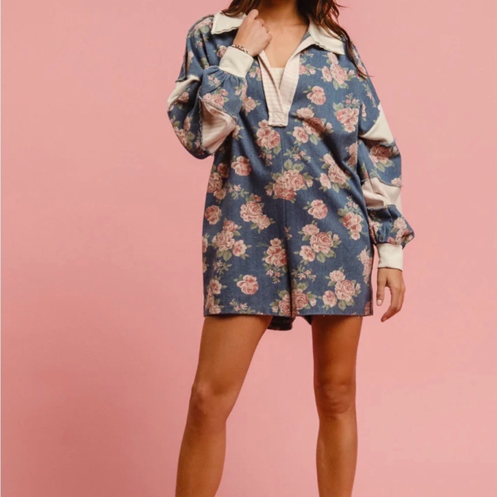 Floral Rugby Dress - Blue with Pink Roses